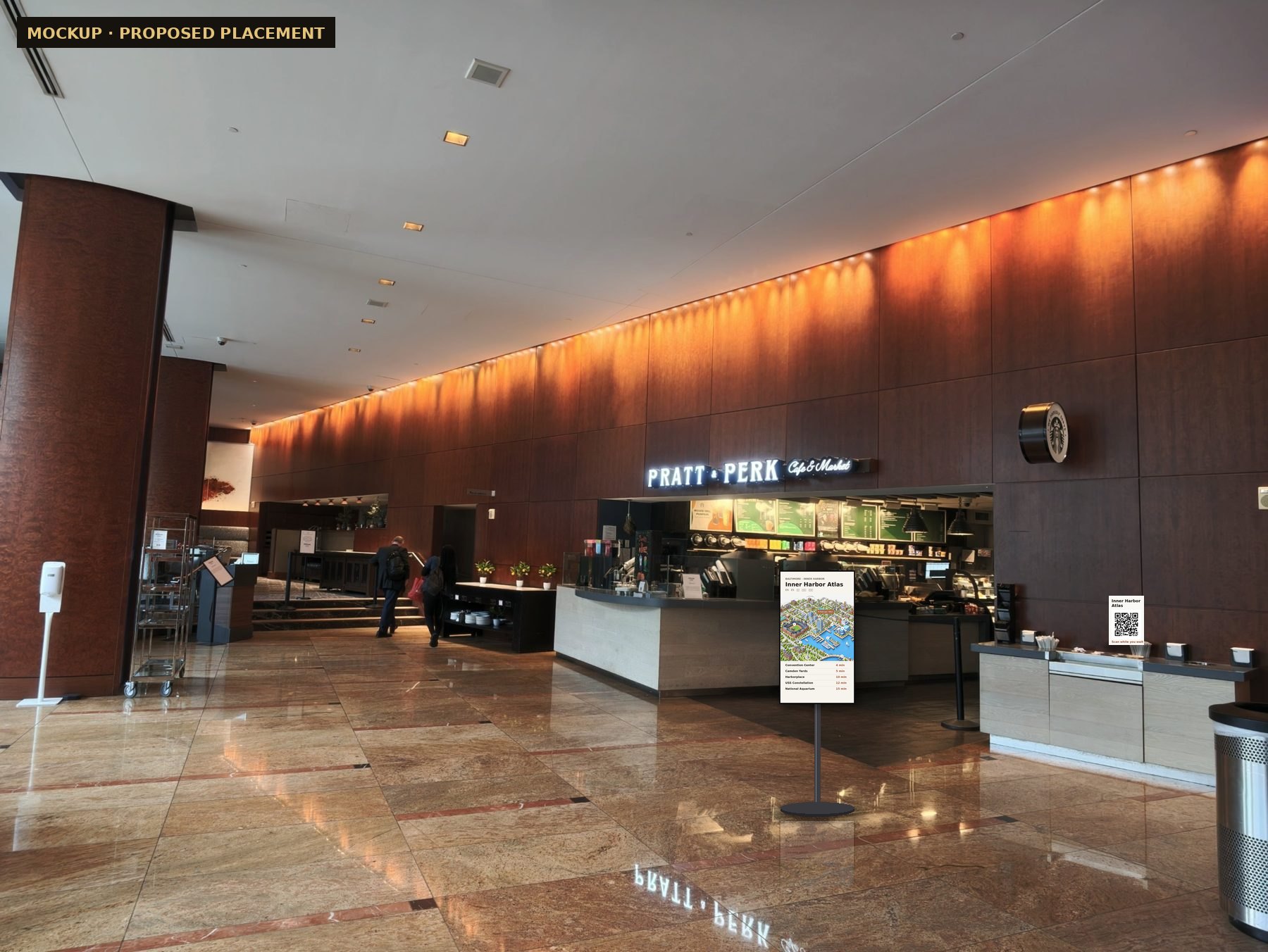 A freestanding touchscreen on a rolling stand on the lobby floor, where anyone can explore the map by hand, and a QR card on the counter for guests waiting to check in